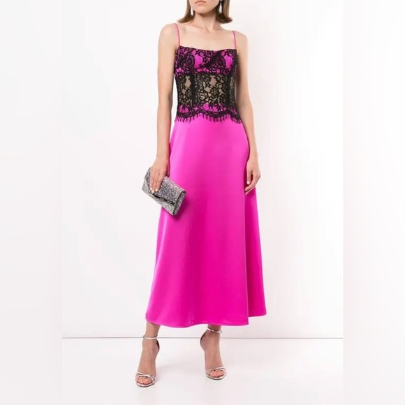 RASARIO 
Lace-Panel Satin Cami Dress Pink and Black Lace Evening Gown - Picture 1 of 16